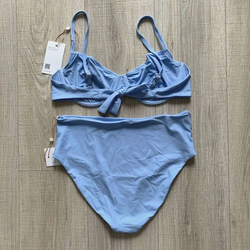 Quince Italian Demi Bikini Top Underwire Back Tie High Rise Bottom Swim Blue L - Picture 2 of 6